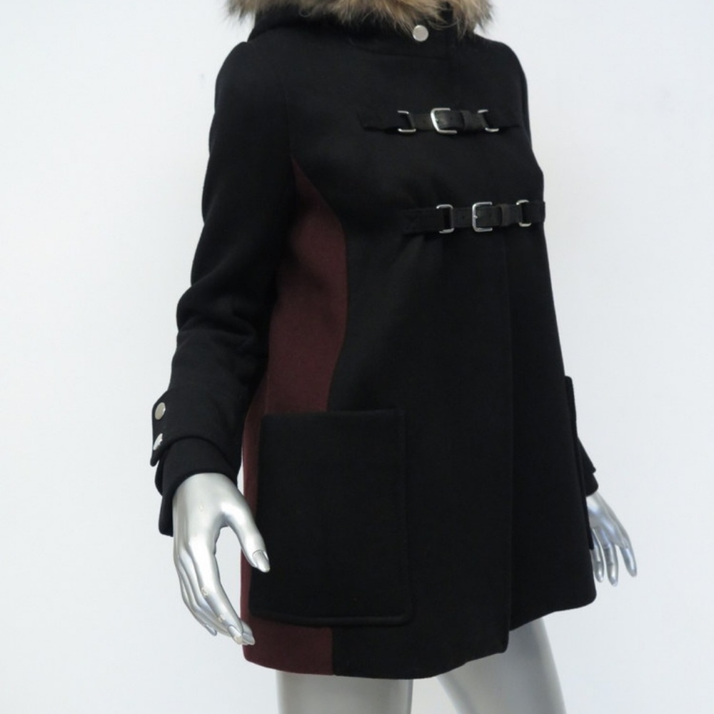 NEW Maje Ganxia Coat Fur-Trim Wool Black/Burgundy - Picture 5 of 7